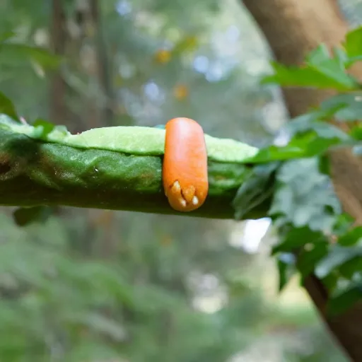 Prompt: hotdog bun shaped caterpillar climbing on a tree branch