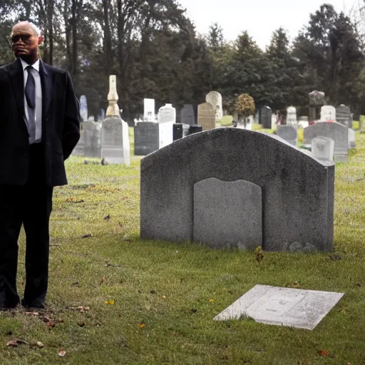 Prompt: A photo of a man wearing a black suit visiting a grave at the cemetery, grey weather