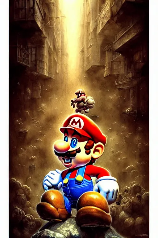 Prompt: super mario | esoteric symbolism | jean - baptiste monge, esao andrews, bastien lecouffe - deharme, tim jacobus, ken currie | ultra - detailed realism, soft cinematic lighting, hi - fructose, artstation, high - quality, ink watercolors wes anderson poster art