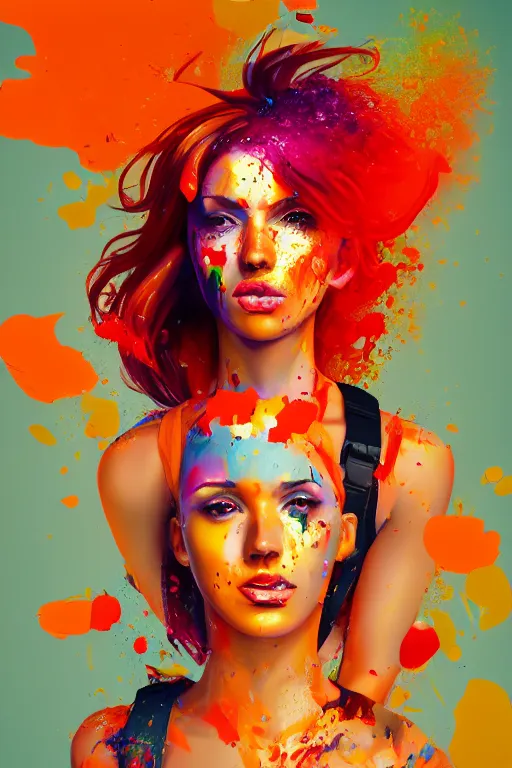 Prompt: a award winning half body portrait of a beautiful woman in a croptop and cargo pants with ombre red orange yellow hairstyle with head in motion and hair flying, paint splashes, splatter, outrun, vaporware, shaded flat illustration, digital art, trending on artstation, highly detailed, fine detail, intricate