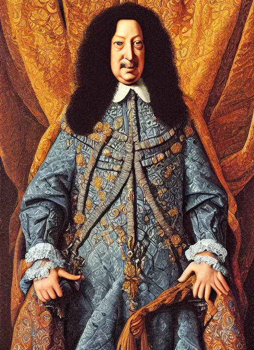 Image similar to beautiful oil painting portrait of Louis xiv in coronation robes by Dan Mumford, Alex grey, hyacinthe rigaurd 1701