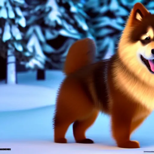 Image similar to happy finnish lapphund dog, black brown white fur, snow, trees, stream of water, pixar, disney, 4 k, animation