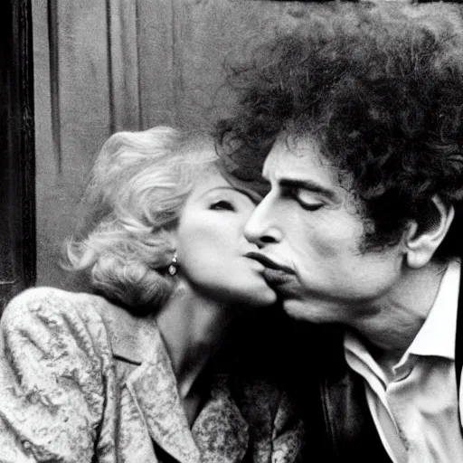 Image similar to bob dylan kissing the queen, clear faces, very high detail