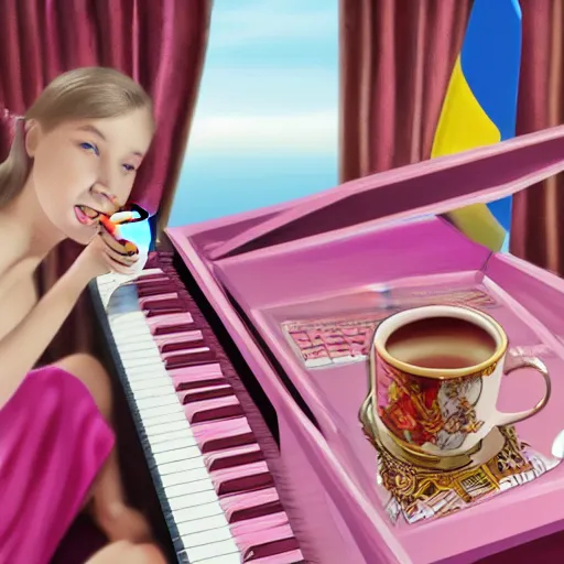 Prompt: highly detailed matte painting of gen z russian playing a pink keyboard with a cup of tea, realistic,