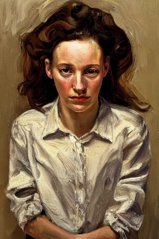 Image similar to high quality high detail oil painting portrait of a young woman by lucian freud, painterly thick brushstrokes, hd, photorealistic lighting