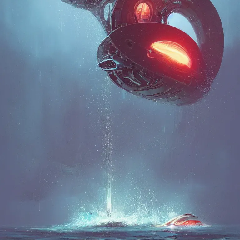 Prompt: mechanical nautilus robotic dripping wet emerging from a the ocean blast off, sci - fi concept art, by john harris, by simon stalenhag, stunning, award winning