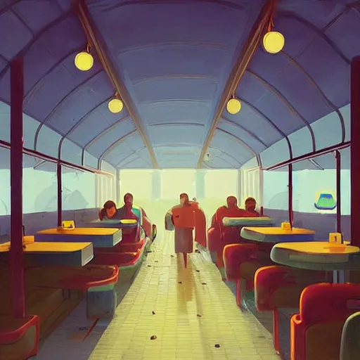 Image similar to inside diner at the beach by simon stalenhag