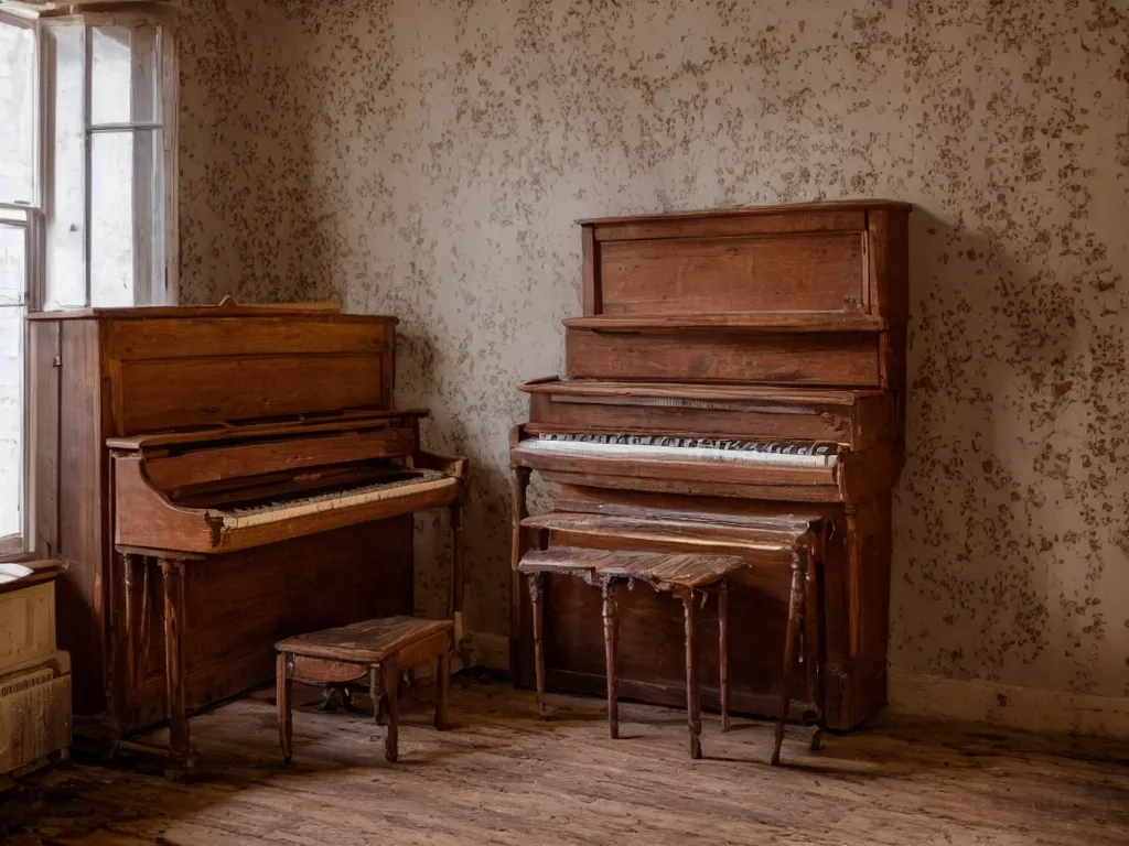 Image similar to room with old wooden piano in it, 8 k, highly detailed, amazing quality, photographic masterpiece