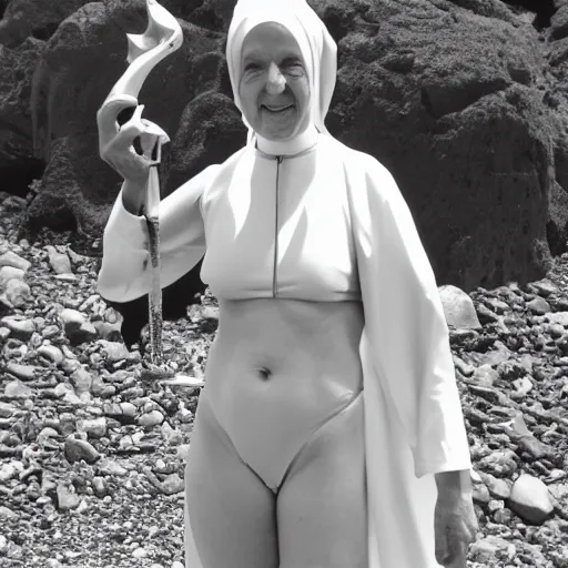 Image similar to award winning photo, nun wearing two piece bikini