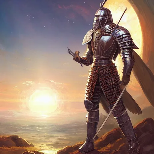 Prompt: a medieval knight in front of the sun of a susnet, unique armor, detailed, intricate, close up, fantasy, by wlop, by ross tran, by andreas rocha, by krenz cushart