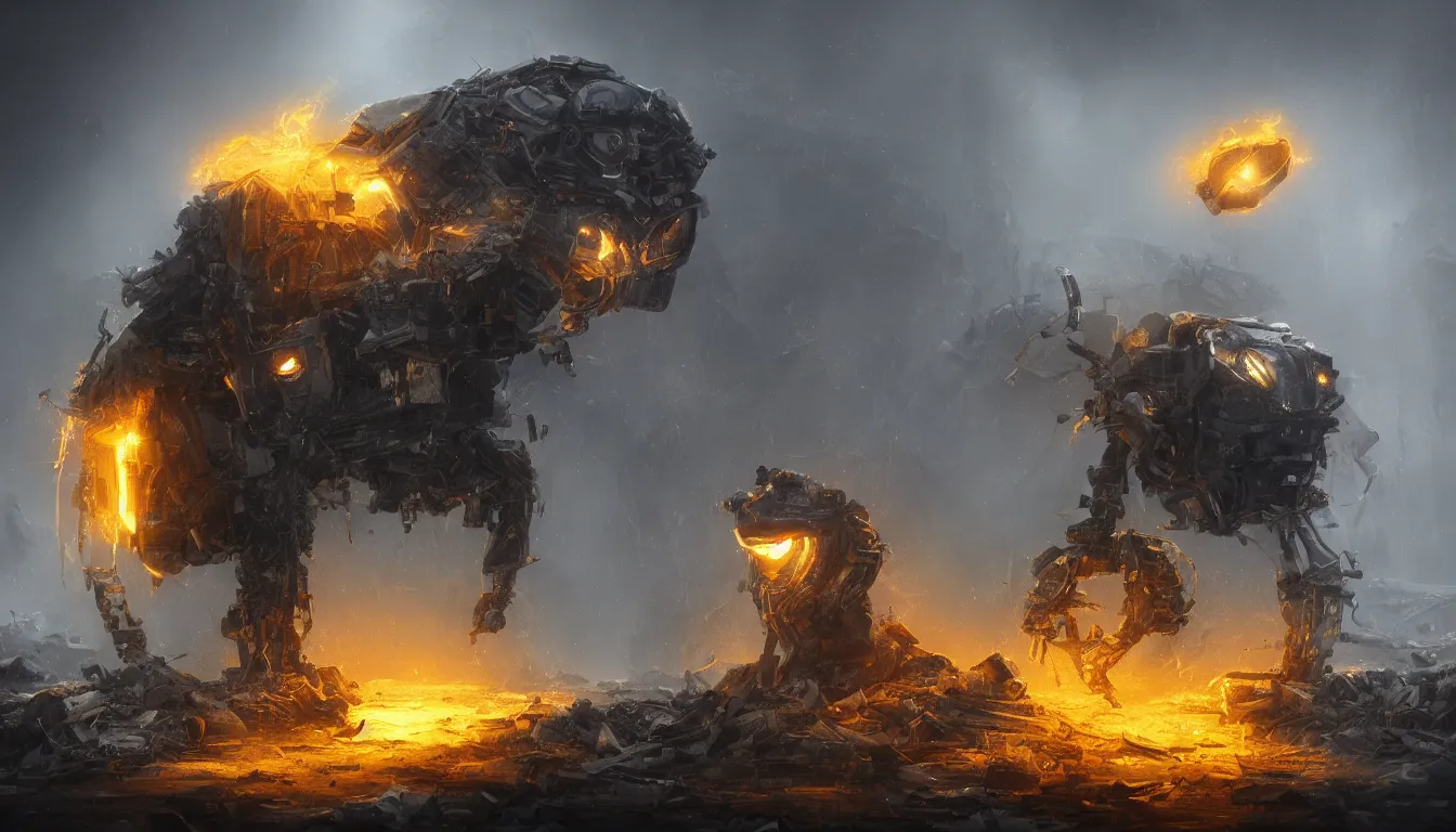 Image similar to ai limbo, gigantic robotic cat with red eyes walks in a trash heap in yellow mist, digital art, trending on artstation, 8k, epic composition, highly detailed,