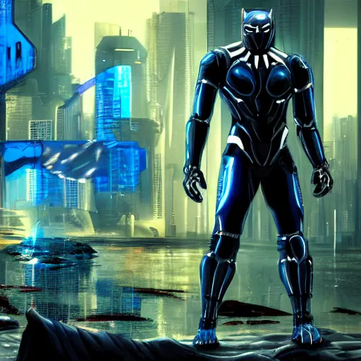 Image similar to 3 d render cyberpunk fantasy art picture of blue and black panther. blood drips from its mouth. a robot lays in a ditch in the background. depth of field. 8 0 mm