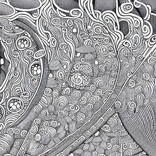 Prompt: Geometrically surreal mushroom city, extremely high detail, photorealistic, intricate line drawings, dotart, album art in the style of James Jean