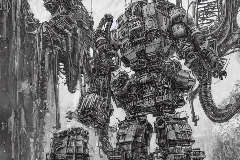 Prompt: dieselpunk mechs that look like Dragonfly, inside an gigantic underground concrete doom hangar, interior structure, drains, storm drains, jungle, vines, algea, cables, panels, walls, ceiling, floor, doors, brutalist architecture, intricate ink drawing, highly detailed in the style of Ashley Wood, moebius and Tsutomu Nihei, photorealistic, cinematic, intricate detail, well lit,