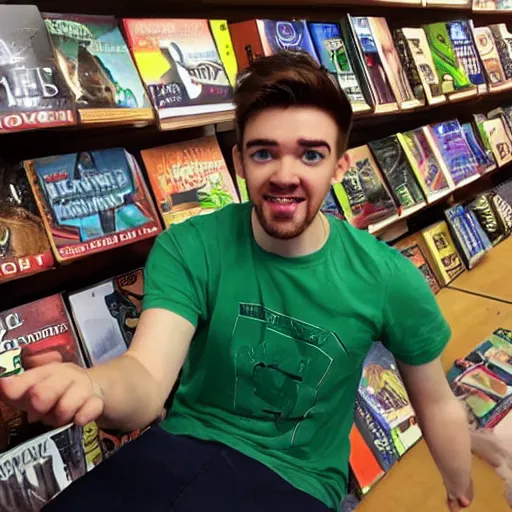 Image similar to jacksepticeye playing a video game in a bookstore