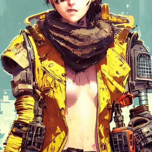 Image similar to highly detailed portrait of a post-cyberpunk young lady by Akihiko Yoshida, Greg Tocchini, 4k resolution, mad max inspired, yellow, black, brown and cyan color scheme