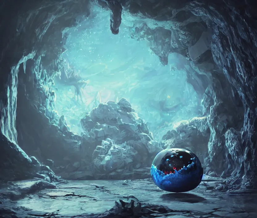 Image similar to a little spherical blue slime looking to a sitting black dragon inside a cave with magic crystals, hyperrealistic, digital art, concept art, octane render, unreal engine 5, trending on DeviantArt, trending on DeviantArt, highly detailed, high quality, 8K HDR, path traced, anatomically correct, geometric, cinematic, high coherence