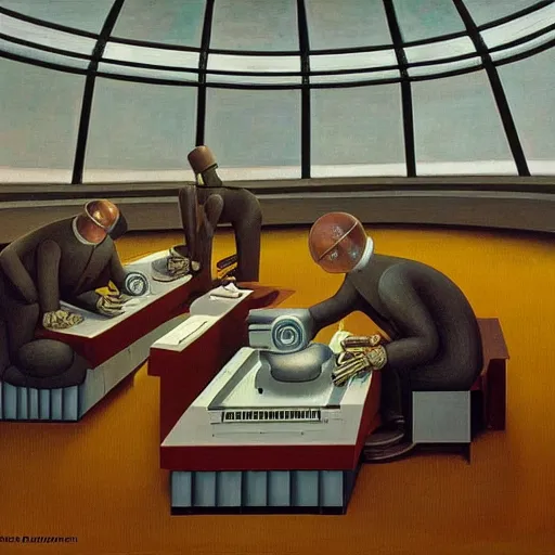 Image similar to robotic scientists in a dome - shaped control center, grant wood, pj crook, edward hopper, oil on canvas