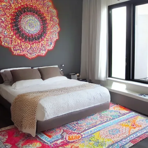 Prompt: Bedroom with Minimalistic Art on the walls, white furniture, Multi colored Mandala Rug, big windows with sunlight coming in