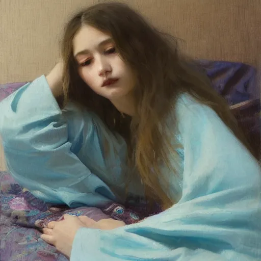 Image similar to girl with long wavy hair, in lightblue kimono, sitting on bed, by jeremy lipking, serge marshennikov, joseph todorovitch