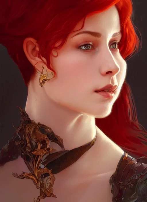 Image similar to Red short hair Portrait of woman, fantasy, intricate, elegant, highly detailed, digital painting, artstation, concept art, smooth, sharp focus, illustration, art by artgerm and greg rutkowski and alphonse mucha