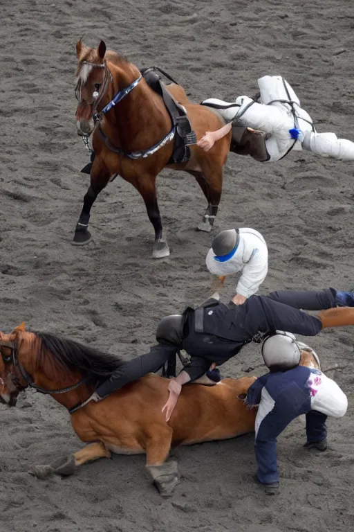Prompt: horse wrestles astronaut on all fours on hands and knees in grappling in closed guard on mount position