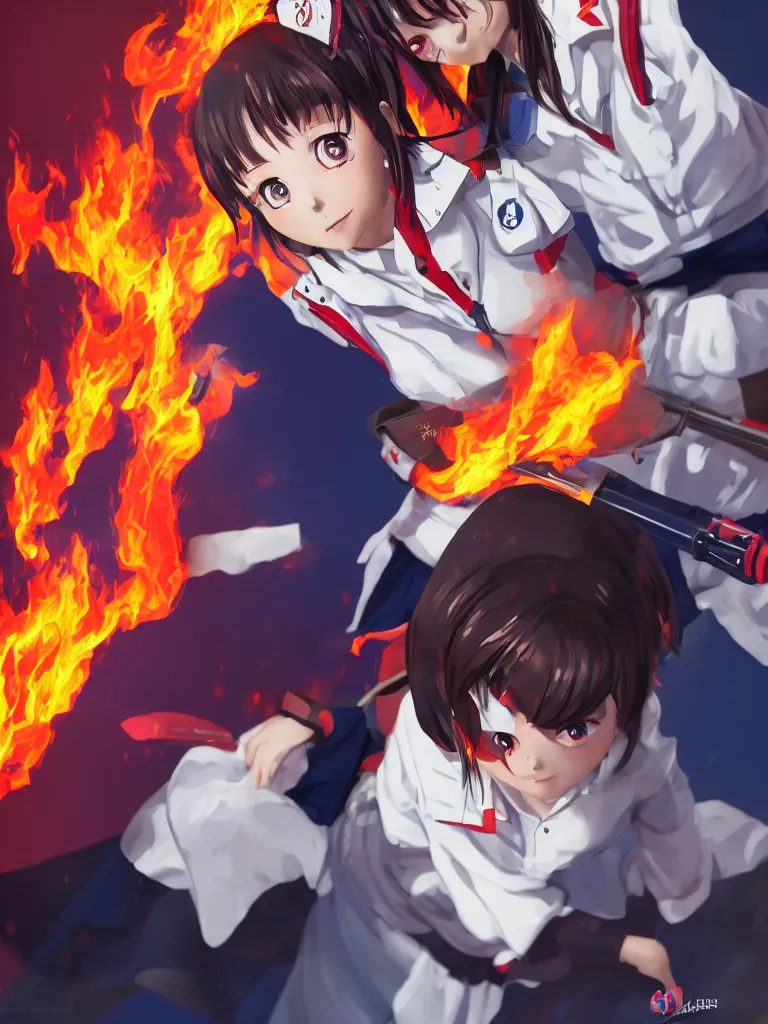 Image similar to Portrait of a Japanese schoolgirl with short hair in school uniform causing flames in a moment of rage with GUNDAM on background, ultra detailed, artstation, 8k, photorealistic, digital anime art.