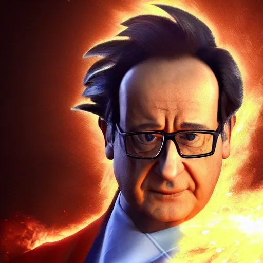 Image similar to François hollande with super saiyan hair charging up for a kamehameha, artstation, octane render, highly detailed