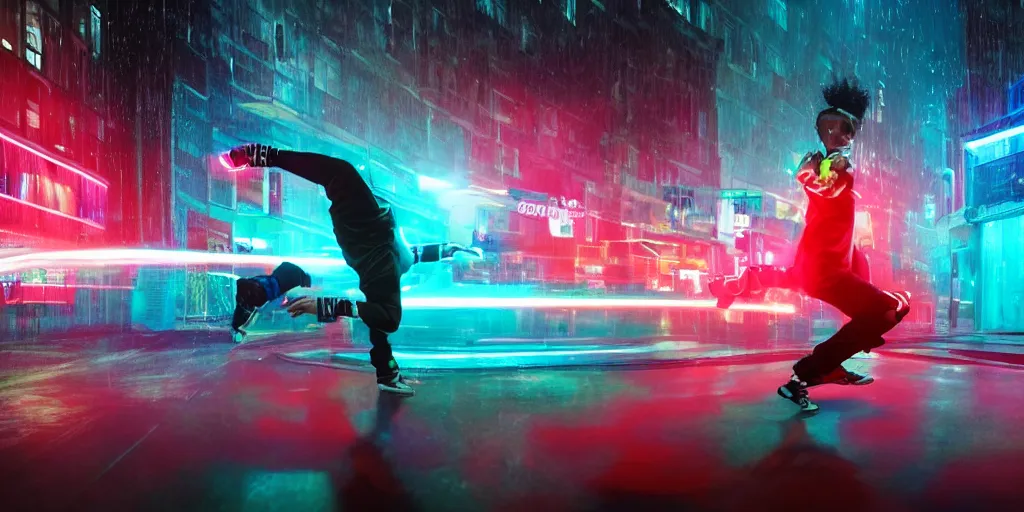 Image similar to cinematic camera wide angle of slow motion film still of futuristic break dancer wearing neon lights, long exposure shot , at night in the middle of a rainy street, paddle of water, water splashes, rim lights, glossy reflections, water droplets on lens, octane render, detailed and soft, by jimbo phillips santa cruz