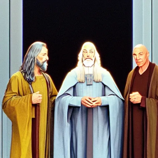 Image similar to jesus, gandalf and picard hanging out together