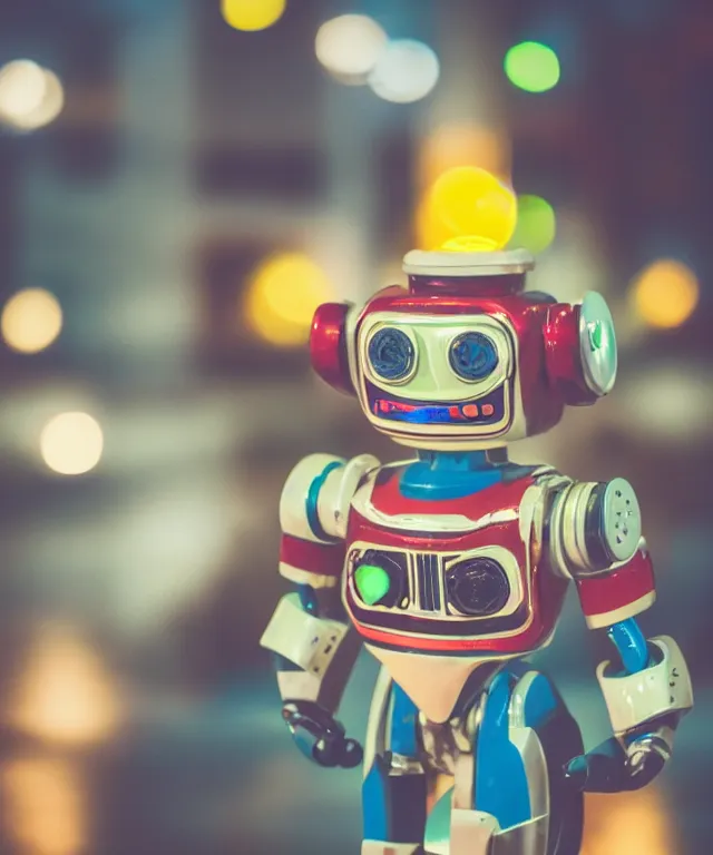 Image similar to high quality presentation photo of a retro toy robot with glowing eyes, photography 4k f1.8 anamorphic bokeh 4k Canon Nikon