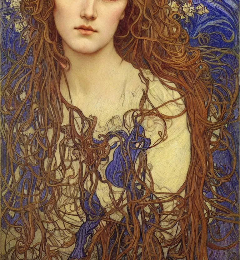 Image similar to detailed realistic beautiful young medieval queen face portrait by jean delville, alphonse mucha, vincent van gogh, and marco mazzoni, art nouveau, symbolist, visionary, gothic, pre - raphaelite