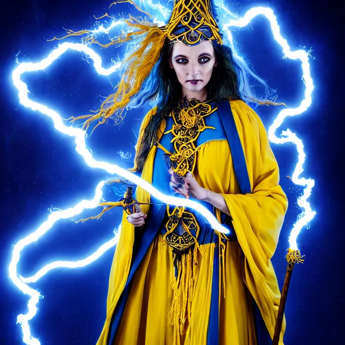 Prompt: photograph of a real - life beautiful elemental lightning witch with ornate yellow and blue robes and staff. extremely detailed. 8 k