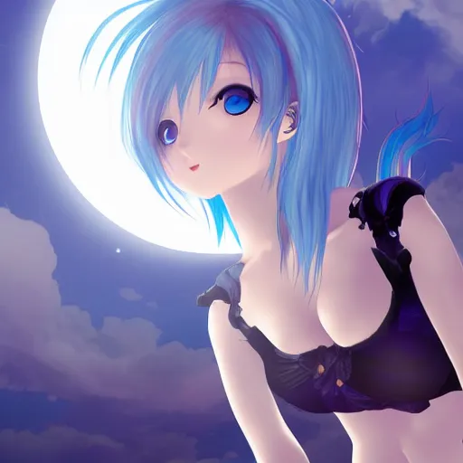 Image similar to a girl with blue hair is standing in front of a full moon, a screenshot by Jin Homura, featured on pixiv, gothic art, gothic, anime, official art