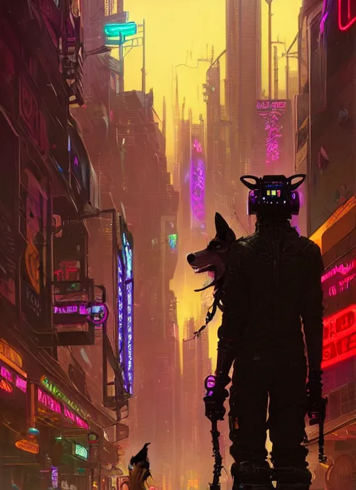 Image similar to anthropomorphic coyote character wearing black cyberpunk skater clothes with neon highlights in a cyberpunk city. Renowned character illustration by greg rutkowski, thomas kindkade, alphonse mucha, loish, norman rockwell. Trending on artstation 4k. Highly detailed. Digital art.