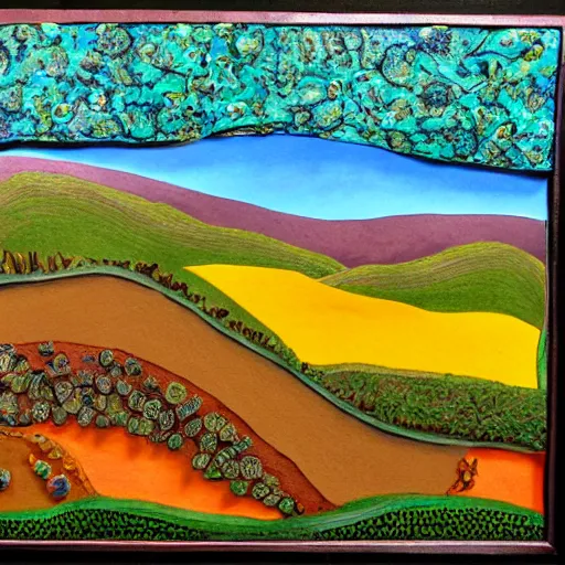 Image similar to rolling hills, appalachian folk art, mixed media, 3 d, detailed, award winning