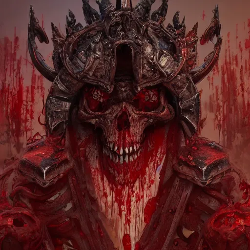 Image similar to blood for the blood god skulls for the skull throne, au naturel, hyper detailed, digital art, trending in artstation, cinematic lighting, studio quality, smooth render, unreal engine 5 rendered, octane rendered, art style by klimt and nixeu and ian sprigger and wlop and krenz cushart