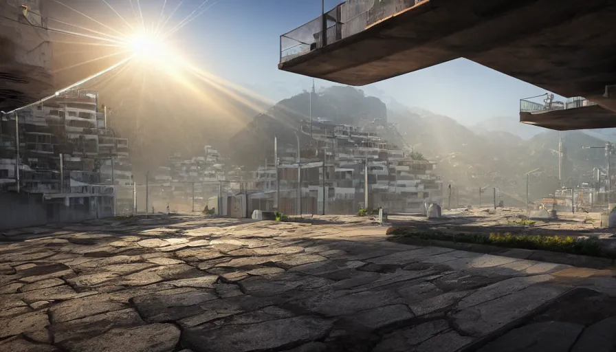 Image similar to Bright Beams of Light Shoot out of cracks in the ground, Futuristic Favela, Hyperrealistic Rendering, Photorealism, Raytracing, Anamorphic Lens, Artstation