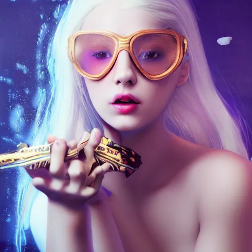 Prompt: a beautiful + blonde + dragon queen + white hair + cool vr glasses + holding pistol + tights + ana de armas, floating under the deep dream water, beautiful smooth soft light + white petal, oil paint, cinematic lighting, anorld render, unreal engine 5, 4 k, highly detailed, instagram,