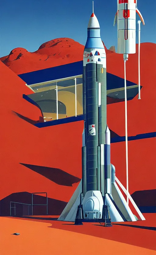 Image similar to Space rocket lunching station ,very coherent, painted by Edward Hopper, Wayne Barlowe, painted by James Gilleard, airbrush, art by JamesJean