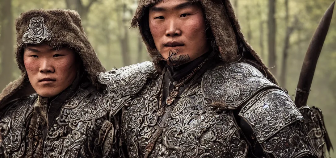 Prompt: matte close - up portrait of smart and handsome mongol warriors who assemble in the forest backlighting in crowd of battlefield, ethnic costume, leather and metal armored, traditional decoration, elegant, loin cloth, highly detailed, 8 k, cinematic lighting, global illumination, ornate, super detailed, faded color polaroid, a colorized photo, colorized, # film, movie still