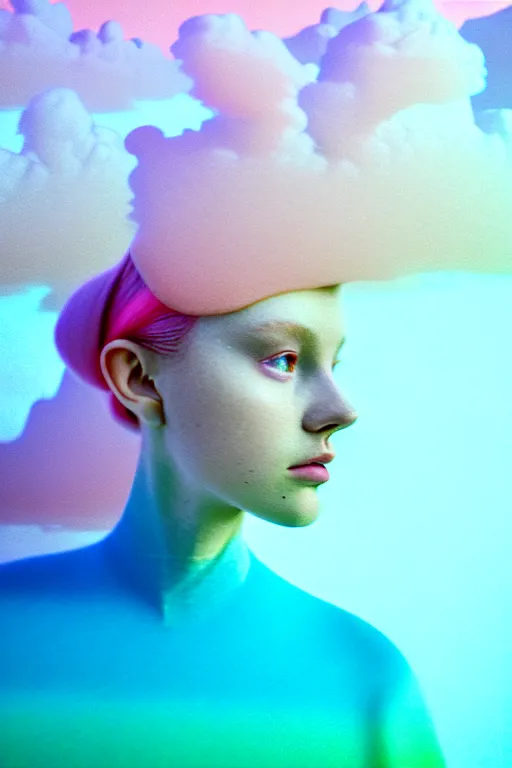 Image similar to high quality pastel coloured film close up wide angle photograph of a model wearing clothing swimming on cloud furniture in a icelandic black rock!! environment in a partially haze filled dreamstate world. three point light, rainbow. photographic production. art directed. pastel colours. volumetric clouds. pastel gradient overlay. waves glitch artefacts. extreme facial clarity. 8 k. filmic.