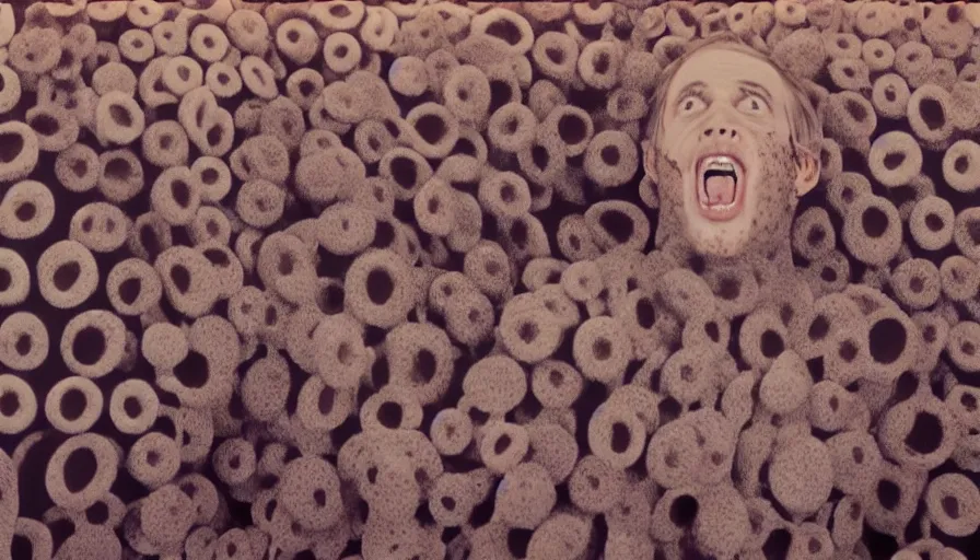 Image similar to 70s movie still of a man yelling with trypophobia flesh, eastmancolor, heavy grain, high quality, higly detailed, liminal space