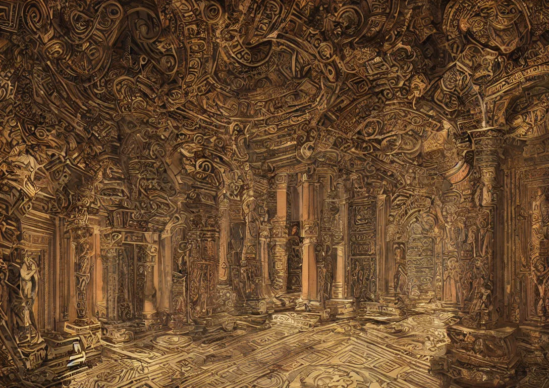 Image similar to hall of gods, with intricate details, by greg ruttowski, trending on artstation