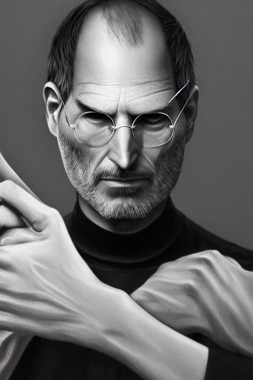 Image similar to ultra realistic illustration, steve jobs, apple, sci - fi, fantasy, intricate, highly detailed, digital painting, artstation, concept art, smooth, sharp focus, illustration, art by artgerm and drew struzan