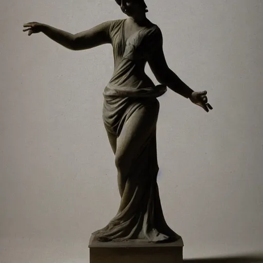 Prompt: a marble statue of a woman dancing, wearing a sweeping dress,