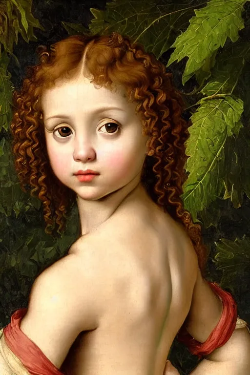 Image similar to renaissance painting of young girl in the garden, closeup, curly long hair, face closeup, emotions closeup, dressed in roman armour, the beautiful garden with maple leaves everywhere, ultra detailed, art by guido reni style, vincenzo catena style