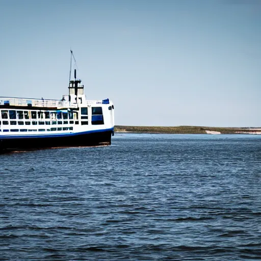 Prompt: a blue white black ferry at the sea outside helsingborg