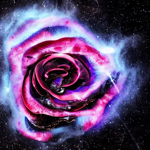 Prompt: award - winning macro of a beautiful black rose made of molten magma and nebulae on black background by harold davis, georgia o'keeffe and harold feinstein, highly detailed, hyper - realistic, inner glow, petals made of star clusters, trending on deviantart, artstation and flickr, nasa space photography, national geographic