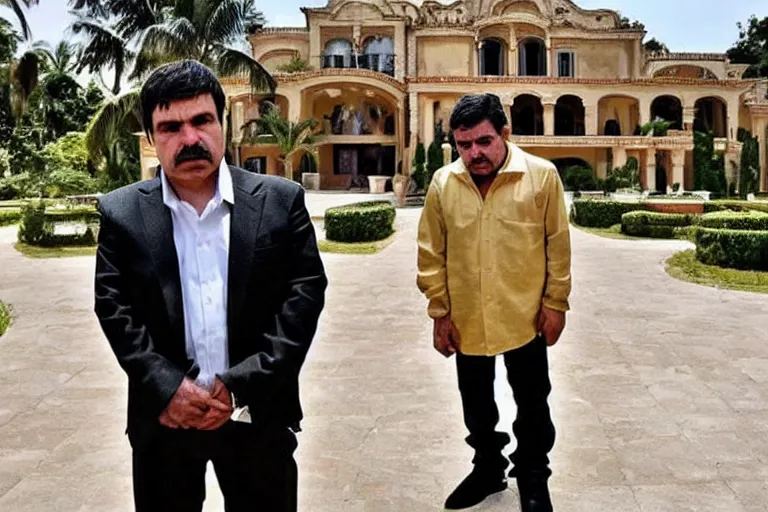 Image similar to el chapo standing in the middle of a grandiose mexican mansion. everything is made out of gold. el chapo is sipping o wine.